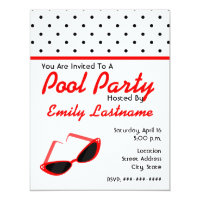Red Retro Sunglasses / Polka Dots Pool Party Invitation