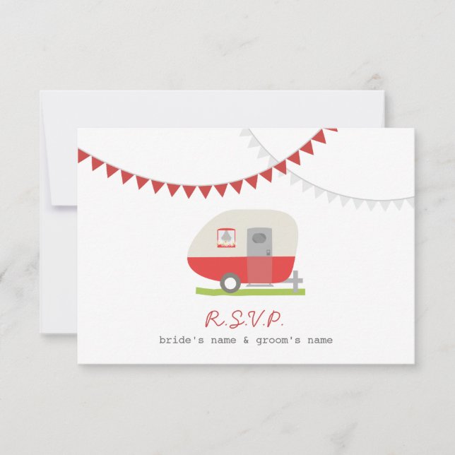 Red Retro Trailer & Bunting Wedding RSVP Card (Front)