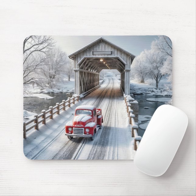 Red Retro Truck and Covered Bridge Mouse Pad (With Mouse)