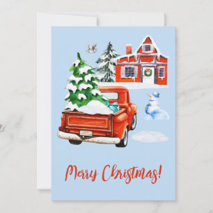 Red Retro Truck with Christmas Tree House Snowman Holiday Card