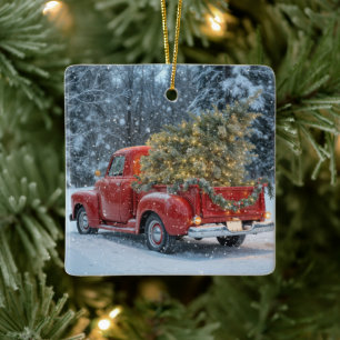 Red Retro Truck With Christmas Tree In Snowflakes Ceramic Ornament