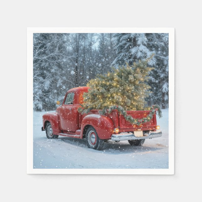 Red Retro Truck With Christmas Tree In Snowflakes Napkins (Front)
