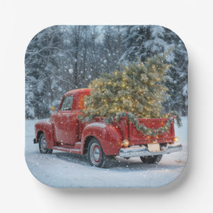 Red Retro Truck With Christmas Tree In Snowflakes Paper Plates