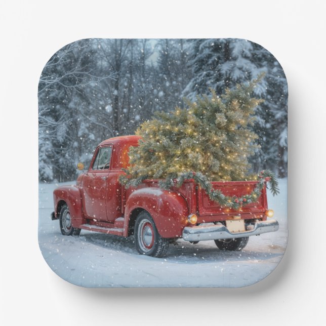 Red Retro Truck With Christmas Tree In Snowflakes Paper Plates (Front)