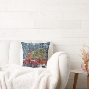 Red Retro Truck With Christmas Tree In Snowflakes Throw Pillow