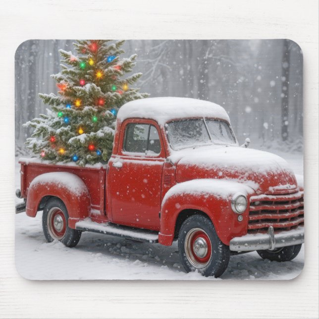 Red Retro Truck With Christmas Tree Mouse Pad (Front)