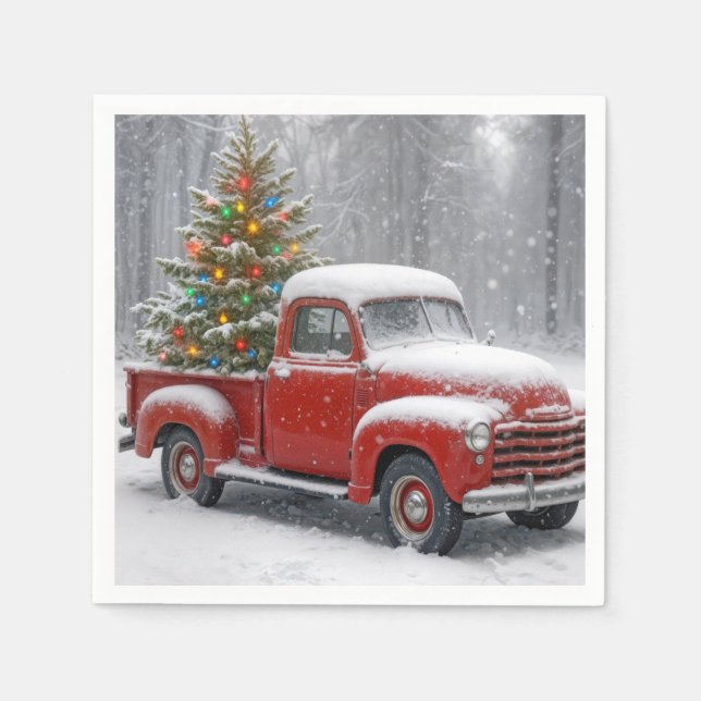 Red Retro Truck With Christmas Tree Napkins (Front)