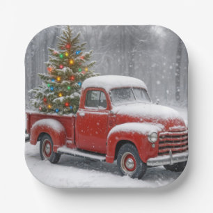 Red Retro Truck With Christmas Tree Paper Plates