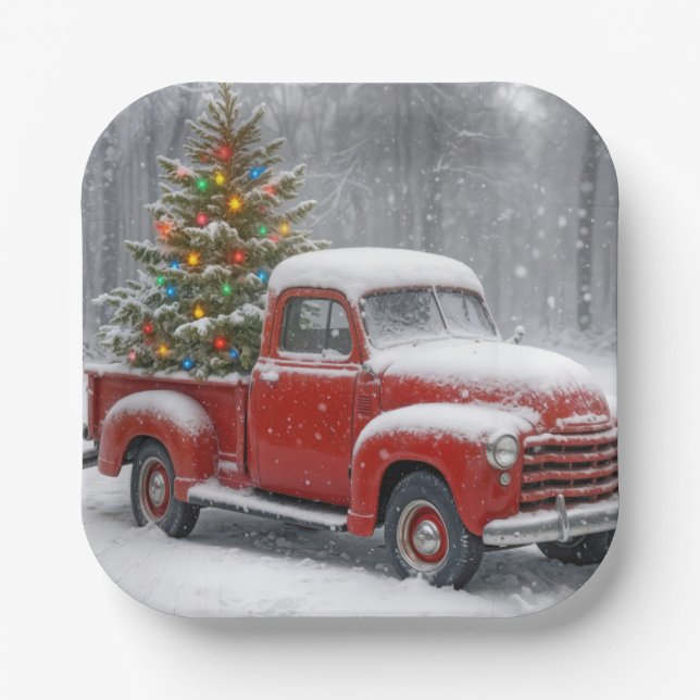 Red Retro Truck With Christmas Tree Paper Plates (Front)