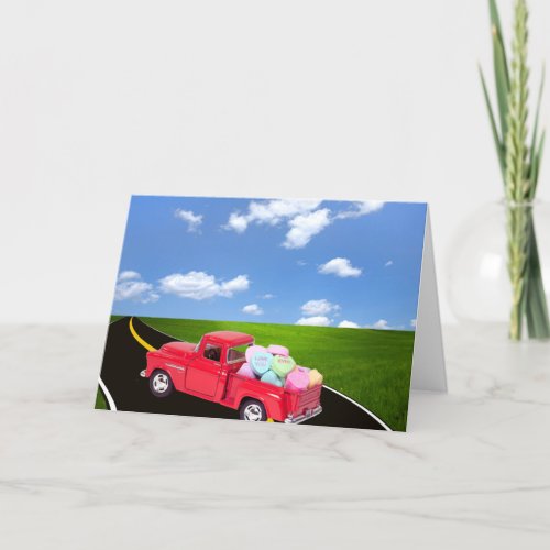 Red Retro Truck With Valentine Hearts Holiday Card