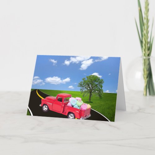 Red Retro Truck With Valentine Hearts  Holiday Card