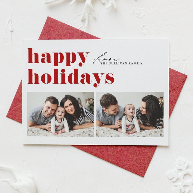 Red Retro Typography Happy Holidays Two Photo Holiday Card (Creator Uploaded)