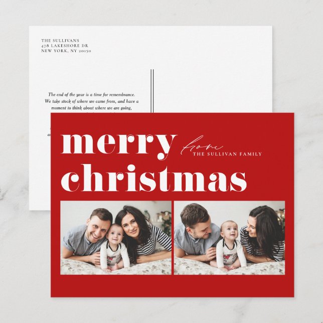 Red Retro Typography Merry Christmas Two Photo Holiday Postcard (Front/Back)
