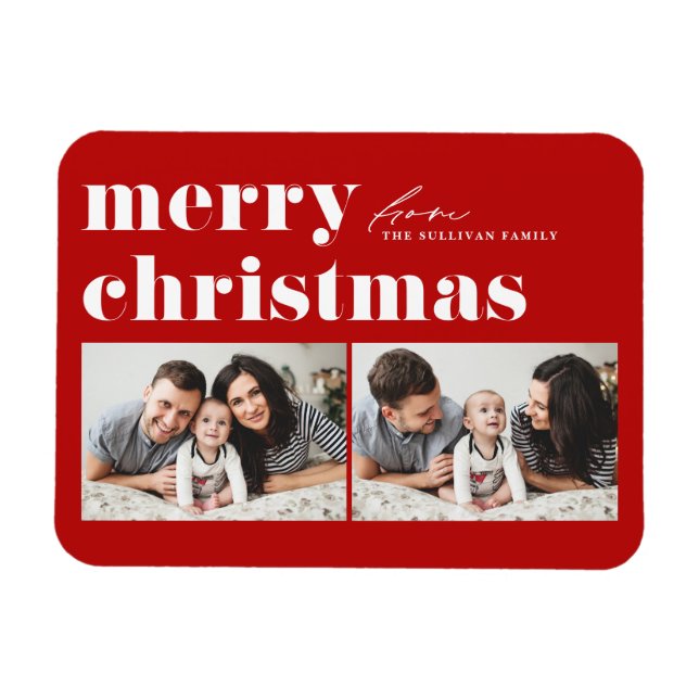 Red Retro Typography Merry Christmas Two Photo Magnet (Horizontal)