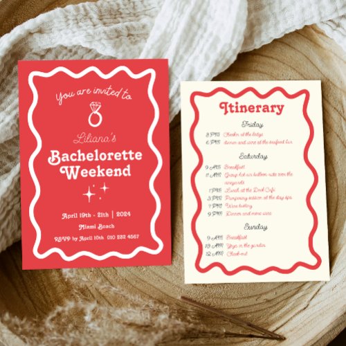 Red Retro Wave Bachelorette Weekend Itinerary Invitation