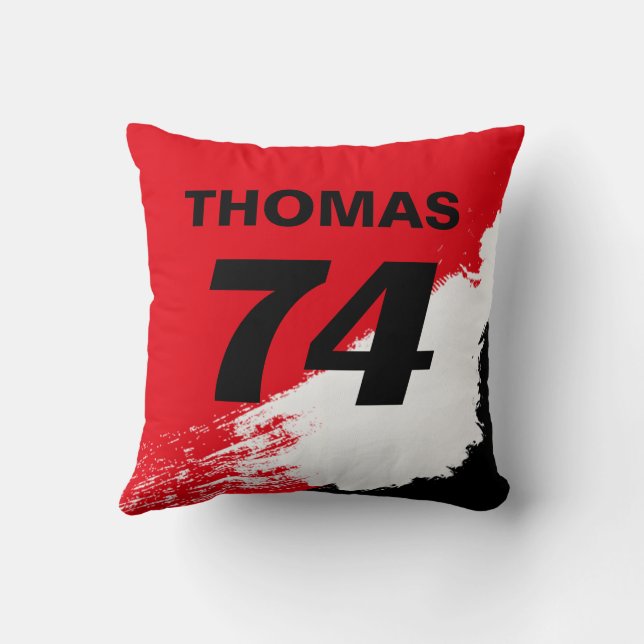 Red Reversible Racing Inspired Name Number Throw Pillow (Back)