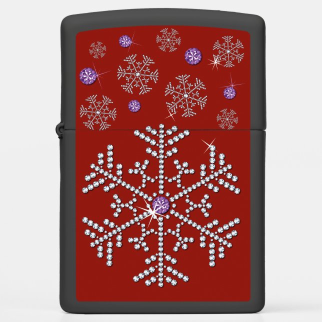 Red Rhinestone Snowflakes Diamond Jewel Design Zippo Lighter (Front)