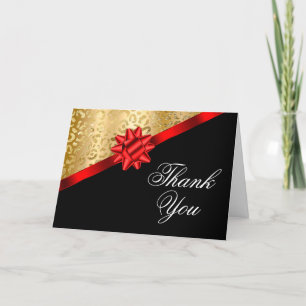 Red Ribbon and Bow Gold Leopard Glam Black Letterpress Thank You Card