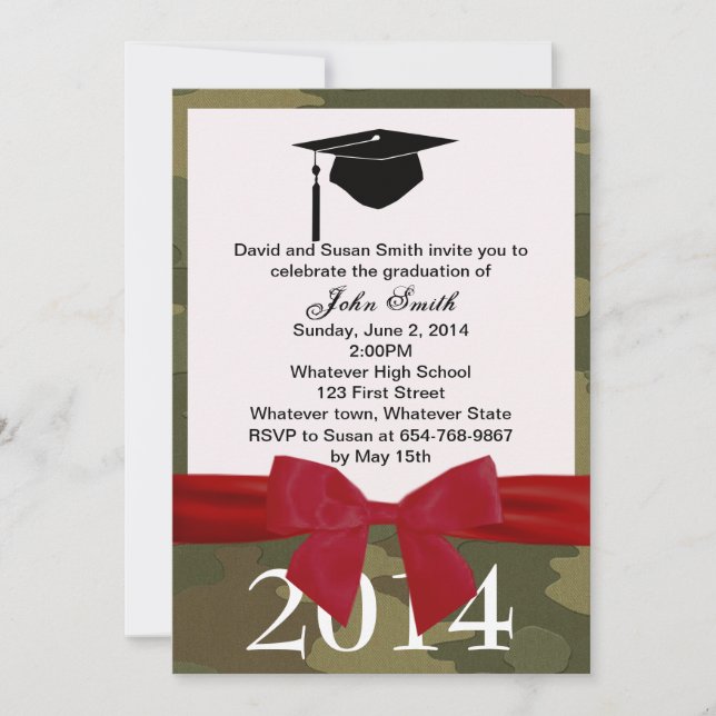 Red Ribbon And Camouflage Graduation Invitation (Front)