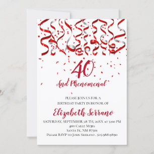 Red Ribbon And Confetti 40th Birthday Party Invitation