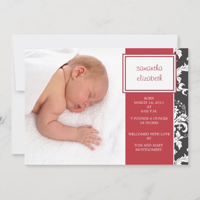 Red Ribbon and Damask Birth Announcement (Front)