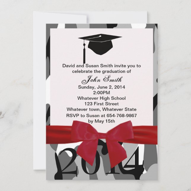 Red Ribbon And Gray Camo Graduation Invitation (Front)