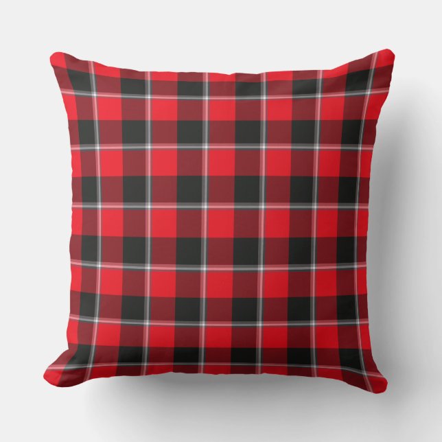Red Ribbon and Heavy Metal Plaid Black Throw Pillow (Front)