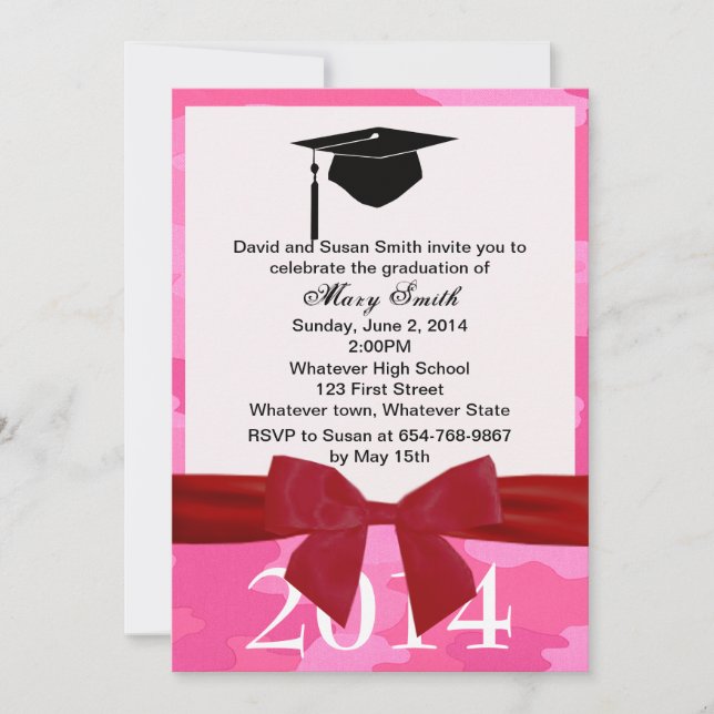 Red Ribbon And Pink Camouflage Graduation Invite (Front)