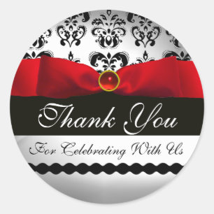 RED RIBBON  BLACK & WHITE DAMASK CLASSIC ROUND STICKER