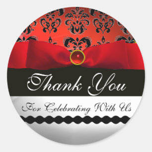 RED RIBBON BLACK & WHITE DAMASK Thank You Classic Round Sticker
