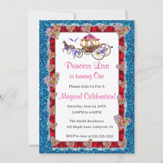 Red Ribbon Blue Glitter Royal Princess Birthday Invitation (Front)