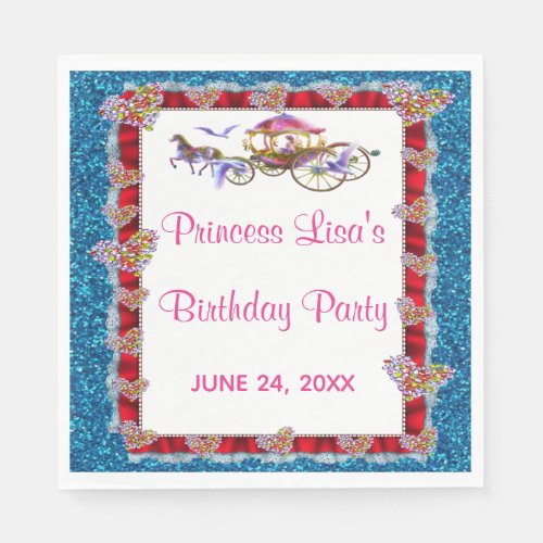 Red Ribbon Blue Glitter Royal Princess Birthday Napkins