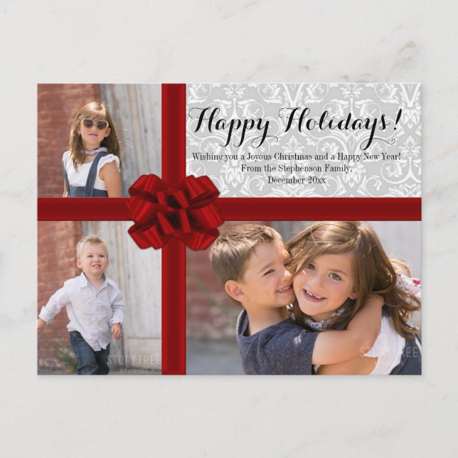 Red Ribbon Bow Christmas Photo Holiday Postcard (Front)