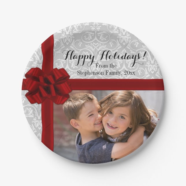 Red Ribbon Bow Christmas Photo Paper Plates (Front)