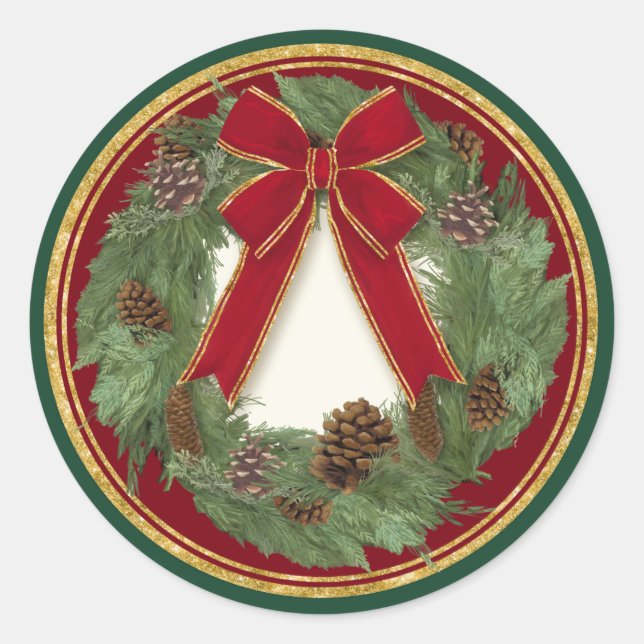 Red Ribbon Bow Christmas Wreath Pine Cone Seals (Front)