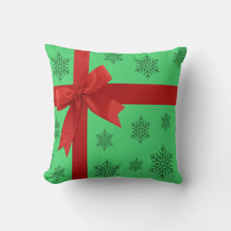Red Ribbon Bow Green Christmas Snowflakes Throw Pillow