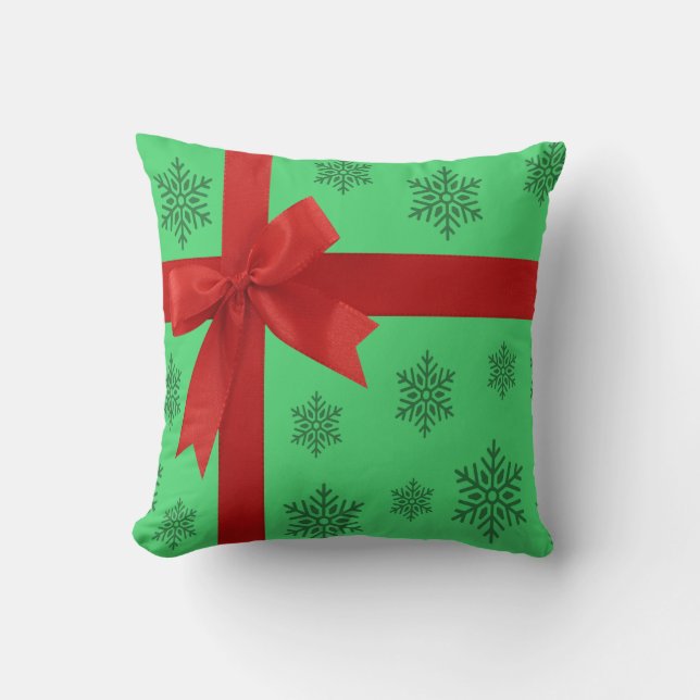 Red Ribbon Bow Green Christmas Snowflakes  Throw Pillow (Front)