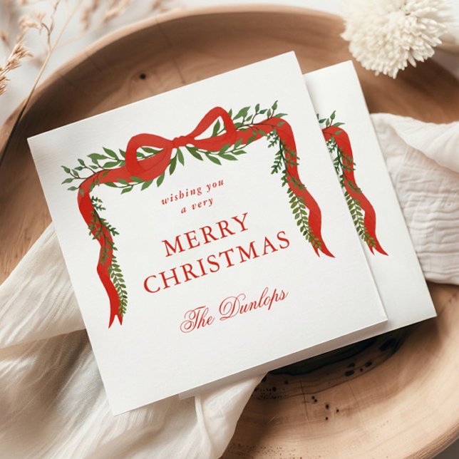 Red Ribbon Bow Greenery Christmas Party Napkins (Elegant red ribbon with bow and greenery Christmas holiday party napkins.)