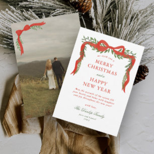 Red Ribbon Bow Greenery Photo Christmas Holiday Card