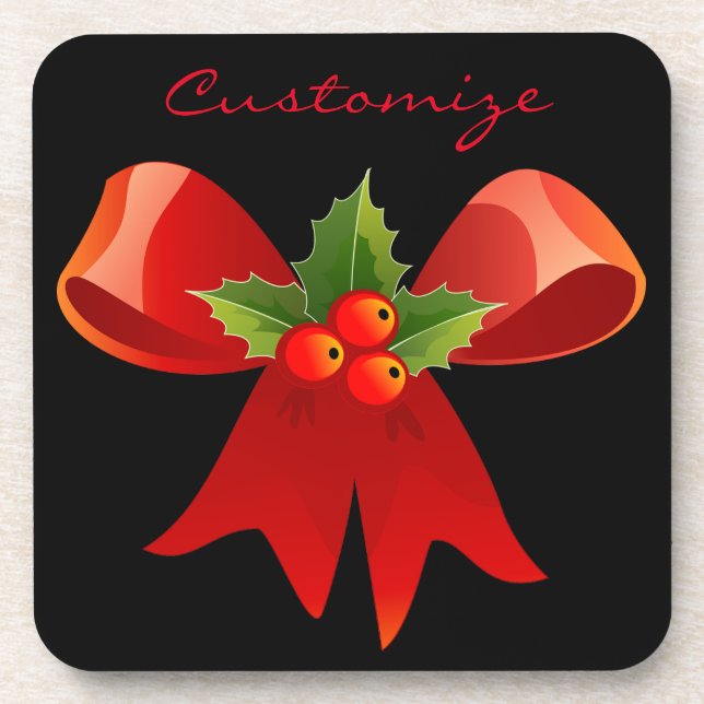 Red Ribbon Bow Holly Thunder_Cove Beverage Coaster (Front)