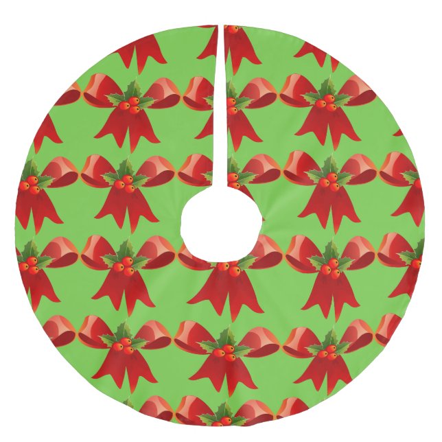 Red Ribbon Bow Holly Thunder_Cove Green Brushed Polyester Tree Skirt (Front)