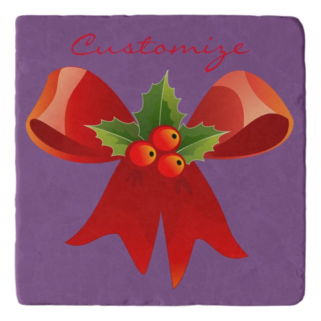 Red Ribbon Bow Holly Thunder_Cove Green Trivet (Front)