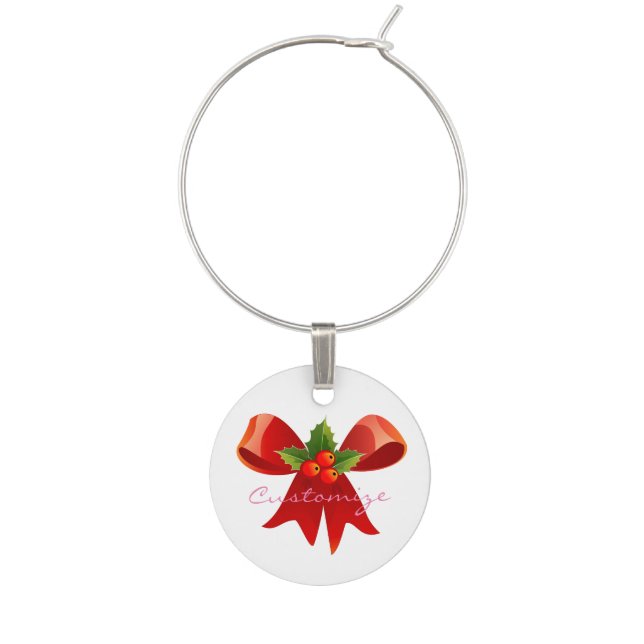 Red Ribbon Bow Holly Thunder_Cove Green Wine Glass Charm (Front)