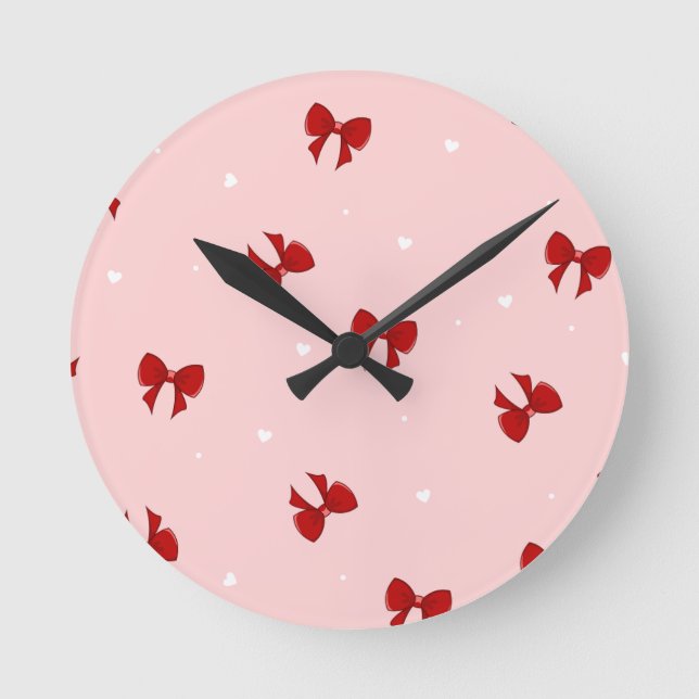 Red Ribbon Bow Pattern | Sweet Pastel Pink Cute  Round Clock (Front)