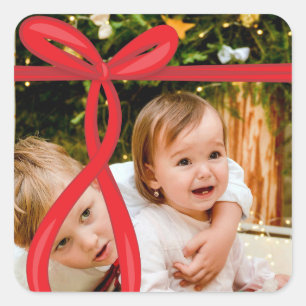 RED RIBBON BOW PHOTO SQUARE STICKER