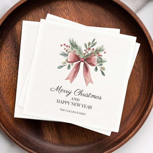 Red Ribbon Bow Watercolor Simple Holly Holiday Napkins (Red Ribbon Bow Watercolor Simple Holly Holiday Napkins)