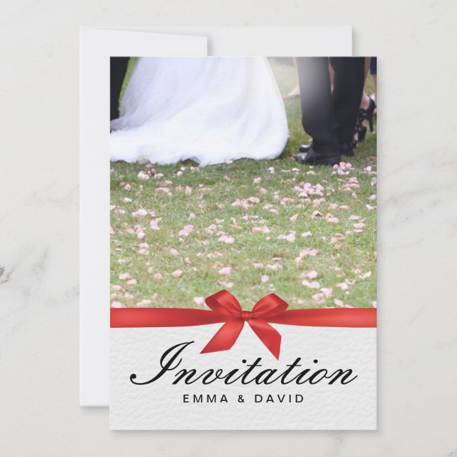 Red Ribbon Bride & Groom Wedding Invitations (Front)