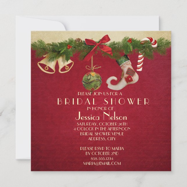 Red Ribbon Christmas Ornaments Bridal Shower Invitation (Front)