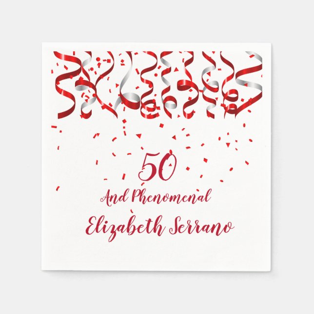Red Ribbon & Confetti 50th Birthday Party Cocktail Napkins (Front)