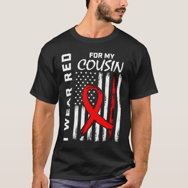 Red Ribbon Cousin Heart Disease Awareness American T-Shirt (Front)